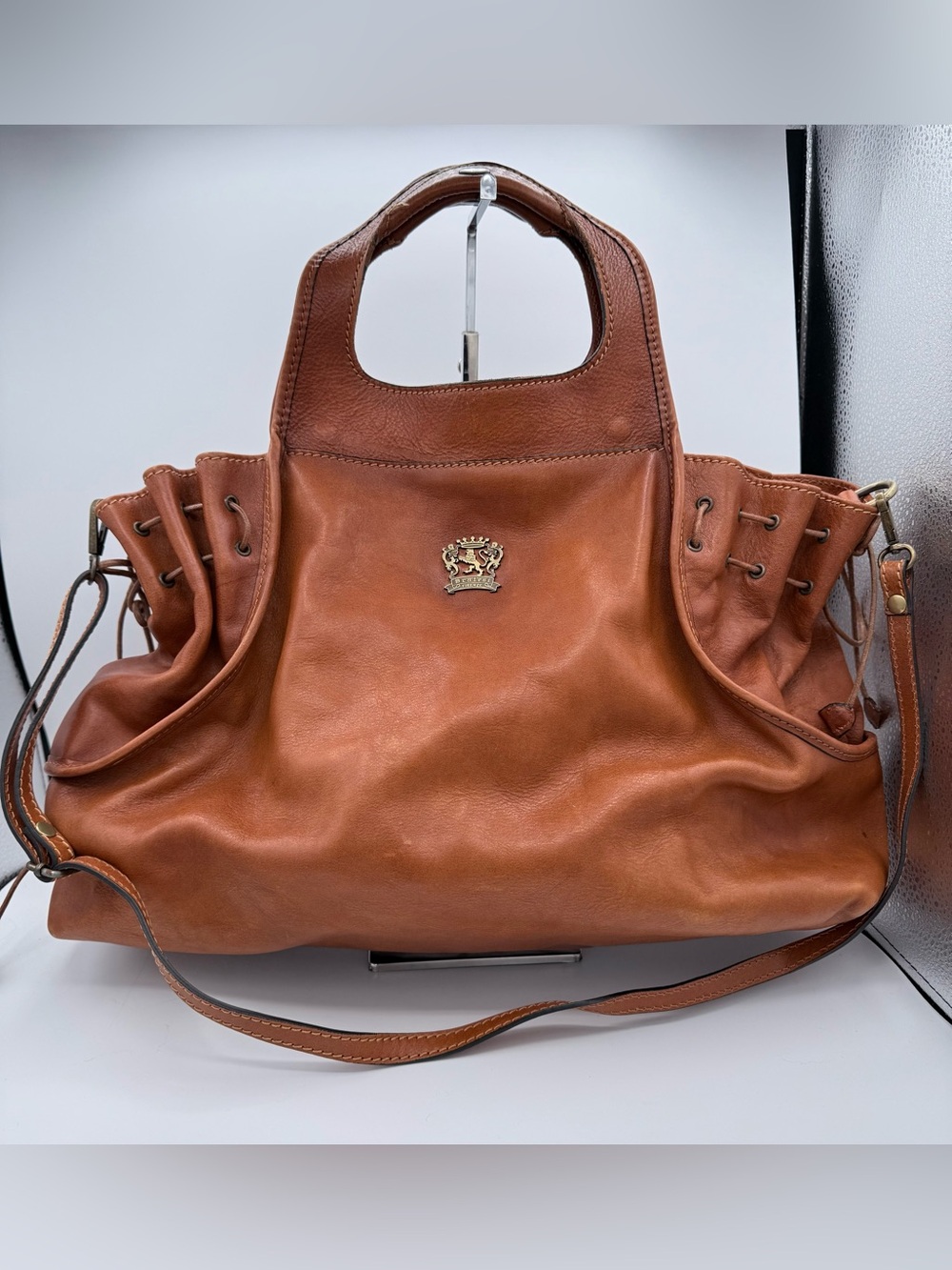 Pratesi Firenze Italian Leather Satchel Bag Tan Cognac Drawstring Sides